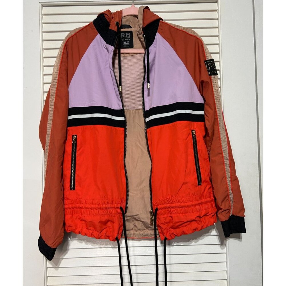 P.E. Nation Women's Colorblock Man Down Windbreaker Jacket Hood Size 2XS 3224